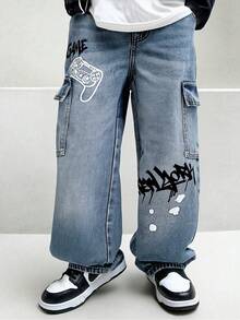 Tween Boy Letter Print Cargo Denim Jeans, Summer Fashion New Style - Blue - View 1