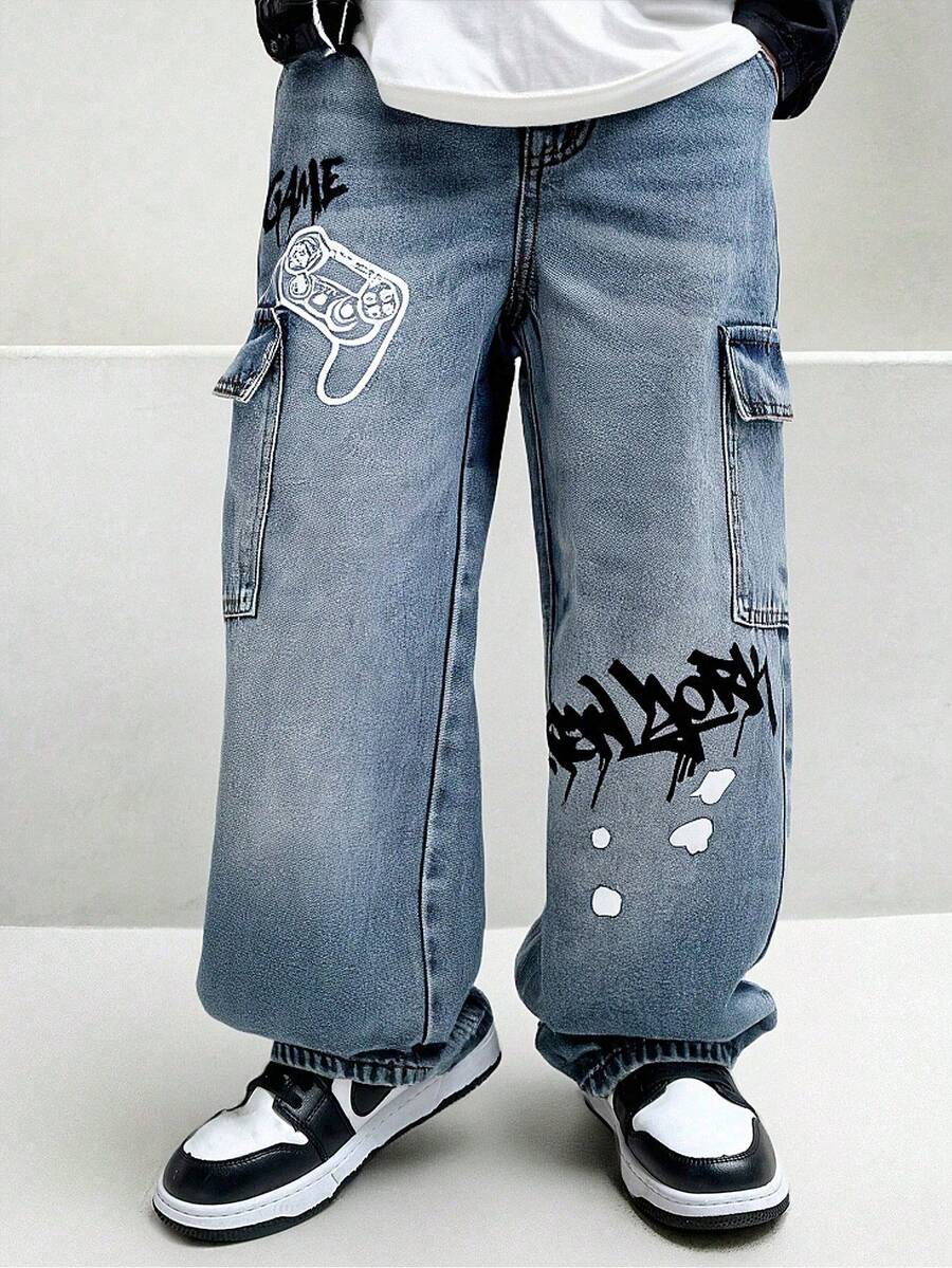 Tween Boy Letter Print Cargo Denim Jeans, Summer Fashion New Style - Blue - View 1