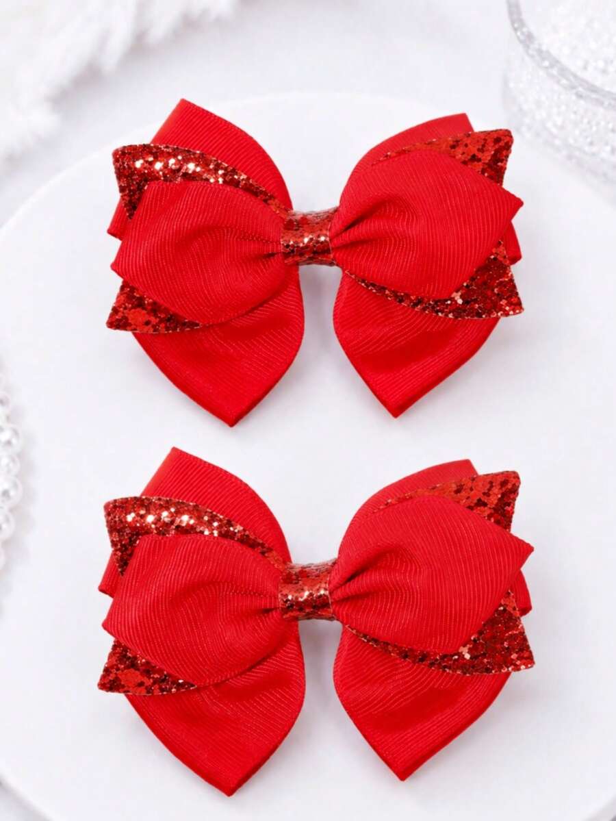 2pcs Red Cute Sweet Bow Hair Clips For Girls, Alligator Clips, Gift, Casual, Daily Wear Hair Accessories - Multicolor - View 1