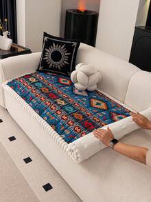 1 Stück Sofakissenbezug im Boho-Stil, verdickter rutschfester Sofabezug, universell für Wohnzimmer, Schlafzimmer und Außenbereich, haustiersicher und fleckenabweisend, Ganzjahres-Sitzkissenbezug für Sofa, geeignet für L-förmige Einzelsessel, Recliner und 1/2/3/4-Sitzer Sofa, neue dekorative Herbst-Edition - Blau - Übersicht 7