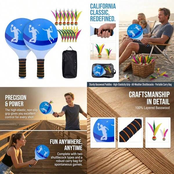 Paddle Ball Set, Badminton Rackets Basswood Paddles With 12 Shuttlecocks And Portable Carry Bag Fun Outdoor And Indoor Game For Family, Beach, Backyard And Park