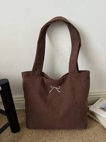 Corduroy Solid Color Shoulder Tote Bag - Coffee - View 11