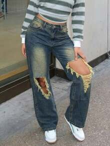 Women's Distressed Large Ripped Loose Straight Leg Denim Jeans - Light Wash - View 2
