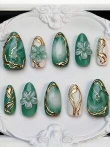 10pcs 3D Gold Plated Embossed Decorative Nail Stickers Y2K Style Almond Shape Nail Art Supplies - Mint Green - View 1