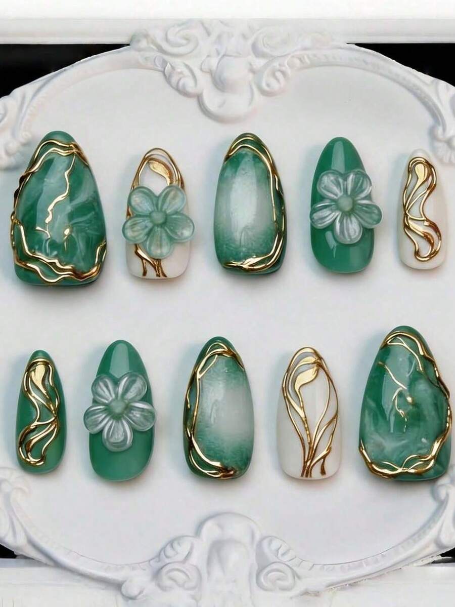 10pcs 3D Gold Plated Embossed Decorative Nail Stickers Y2K Style Almond Shape Nail Art Supplies - Mint Green - View 1