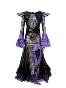 Women's Mermaid Sequin Dress With Ruffle Sleeves And Slit Design, Suitable For Halloween Cosplay - Purple - View 13