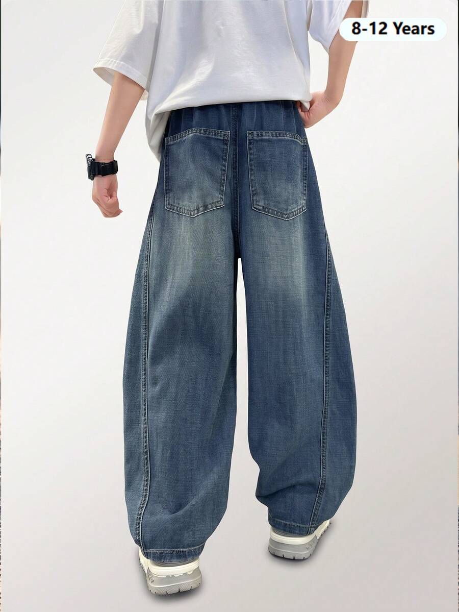 Boys' Vintage Washed Diagonal Split Wide Leg Jeans, 8-12 Years Old, Distressed Contrast Stitch Loose Drape Long Pants