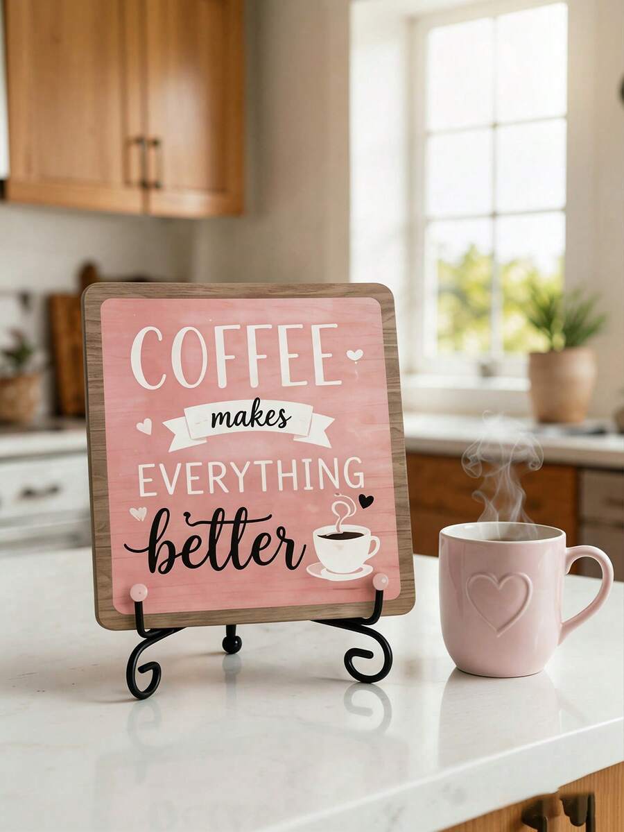 1pc "Coffee Makes Everything Better" Wooden Desktop Decor Sign, Pink Rustic Coffee Bar Decor Sign With Metal Stand, Farmhouse Coffee Theme Desktop Decoration, Suitable For Home Coffee Corner, Kitchen Countertop, Coffee Shop And Coffee Lover Gift - Coffee Sign 2 - View 1
