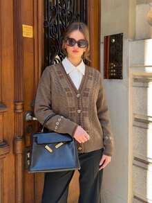 Argyle Cable Knit Cardigan, V-Neck Button Front, Long Sleeve, Ribbed Trim, Brown, Casual Fall Winter Outfit Layering Sweater With Soft Stretch - Coffee Brown - View 5