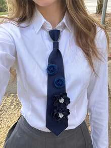 1件女款純色牛仔布3D花朵鏈飾手綁領結，適合甜美酷感學院風穿搭配件 - 彩色 - 查看 3