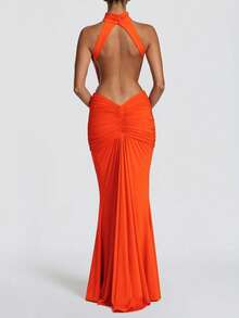 Elegante abito estivo lungo aderente con schiena scoperta, abito sexy senza maniche da donna per feste, discoteca, matrimonio, vacanza e autunno - Arancia Bruciata - Visualizzare 4