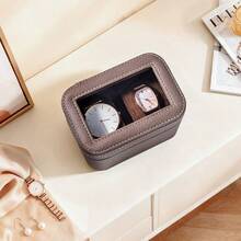 1pc 2-Slot Leather Watch Box With Mirror, Dust-Proof Transparent Visible Compact Portable Scratch-Resistant Premium PU Leather With Soft Velvet Lining Watch Storage Box, Minimalist Luxury Business Style Solid Grey-Brown Rounded Small Rectangular Transparent Window Built-In Mirror Removable Soft Pad Watch Storage Protection Display Travel Watch Storage Box Business Trip Vanity Daily Use Birthday Gift Holiday Gift - Multicolor - View 3