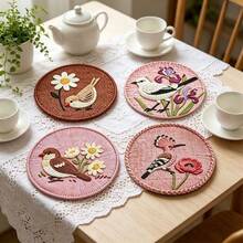 1/4PCS New Style Coffee Table Placemats, Faux Woven Print Heat-Insulated Coasters, Round Coffee Cup Coasters, Creative Tea Mats, Round Placemats, Washable Heat-Resistant Anti-Scald Anti-Slip Table Mats For Home Dining. 3 Sizes Available: 12*12cm 17*17cm 22*22cm - Multicolor - View 2