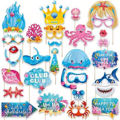30 Pcs Under The Sea Photo Booth Props,Ocean Party Photo Props,Under The Sea Theme Party Decoration Supplies Sea Animal Party Selfie Props Decorations