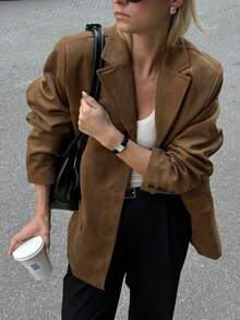 Classic Notch Lapel Pocket Single-Breasted Casual Blazer - Brown - View 8