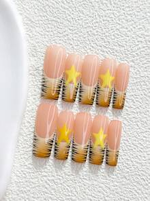 10片裝 Y2K 風格手工穿戴甲，Polygel 美甲套組，星星圖案，黃色、棕色與黑色指甲油，酷豹紋風格，附美甲工具，3 種尺寸可選，杏仁形、鴨嘴形、棺材形，適合派對、跳舞、日常配戴 - 彩色 - 查看 17