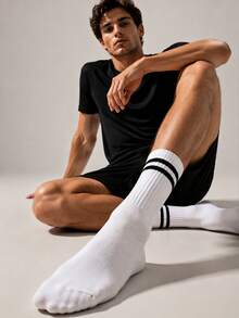 1/3/6 Pairs Men's Black White Grey Striped Solid All-Match Sports Casual Versatile Mid-Calf Socks - Multicolor - View 3