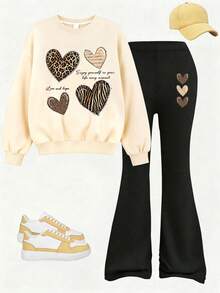 2pcs/Set Girls Leopard Print Denim Heart Print Crew Neck Sweatshirt + Flare Pants, Autumn/Winter Fashion Comfortable New Outfit - Multicolor - View 2