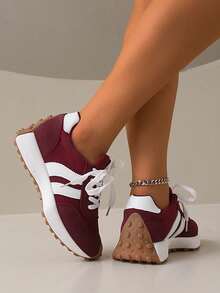 2026 New Retro Suede Sneakers Women, Blue White Casual Lace-Up Trainers, Comfortable Non-Slip Chunky Sole Running Shoes - 紅色 - 查看 3