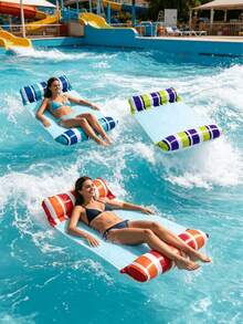 1pc Inflatable Floating Bed, Minimalist Dual Tube Design, Dual-Color Striped Element, PVC Material, Suitable For Water, Swimming Pool, Beach, Theme Party, Inflatable Water Float, Water Lounge Chair, Inflatable Float Bed, N - Two-color Double-tube Floating Bed - View 2