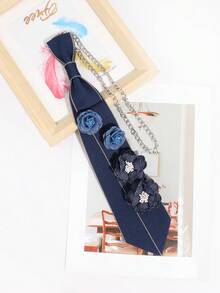 1件女款純色牛仔布3D花朵鏈飾手綁領結，適合甜美酷感學院風穿搭配件 - 彩色 - 查看 11