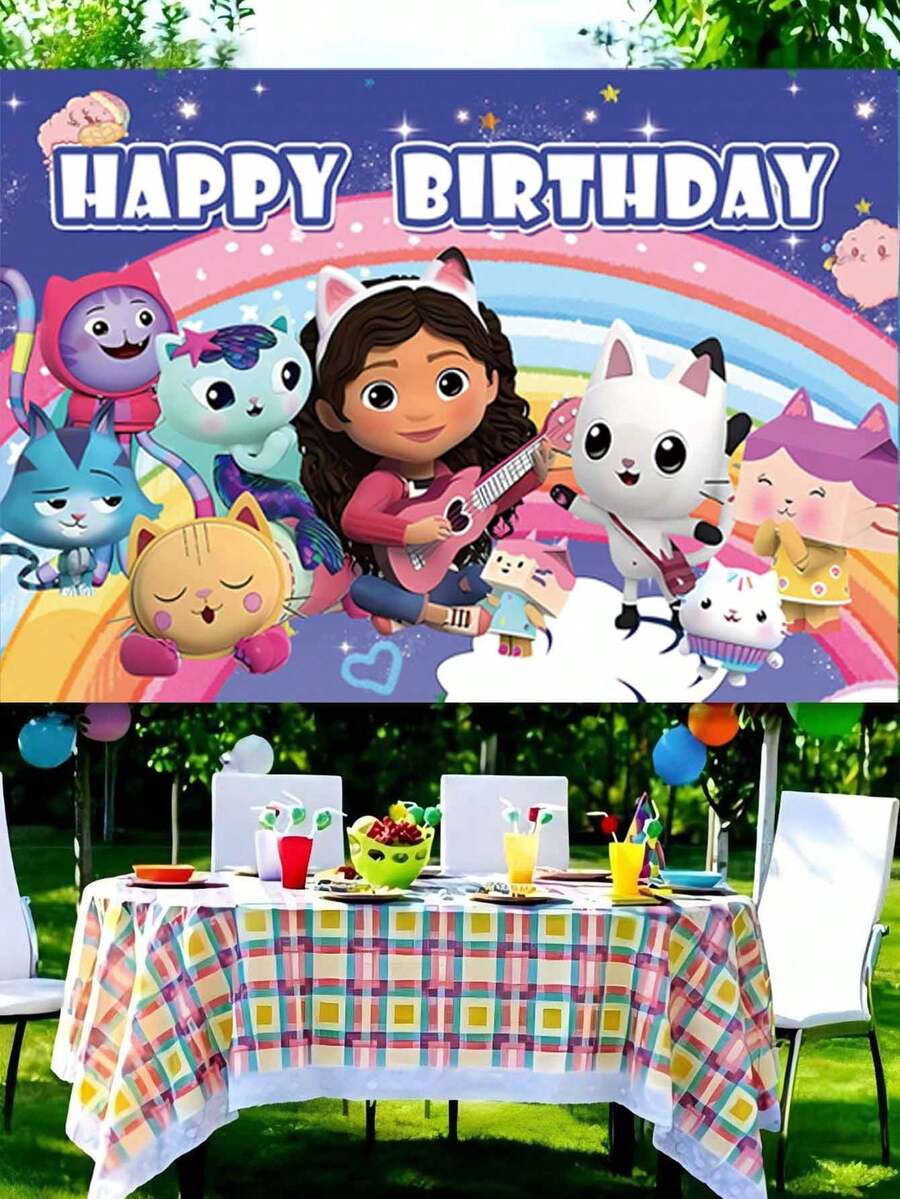 MASSDI Gabby Dollhouse Theme Birthday Backdrop, Macaron Color Cartoon Polyester Photo Banner, Foldable Wall Hanging Decoration, Suitable For Birthday Celebration, Outdoor Picnic And Theme Party Decor - Multicolor - View 1