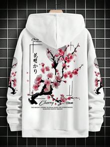 Simple Studio | 新中式日系水墨櫻花圖案雙面印花連帽衛衣，男士溫柔療癒慵懶垂墜白色街頭風帽衫 - 白色 - 查看 6