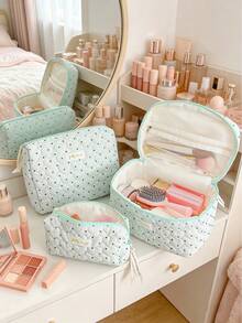 Cute Heart Quilted Makeup Bag Light Blue Polka Dot Cotton Cosmetic Organizer Case Portable Large Capacity Travel Toiletry Bag With Inner Mesh Pocket - Baby Blue - View 8