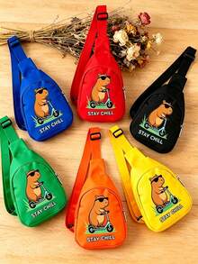 1pc Back To School Mini Fashion Simple Solid Color Cute Cartoon Capybara 2D Print Waist Bag Chest Bag, Lightweight Nylon Material Zipper Closure Coin Purse, Perfect For Daily, Travel, Vacation, Shopping, Outing - Multicolor - View 1