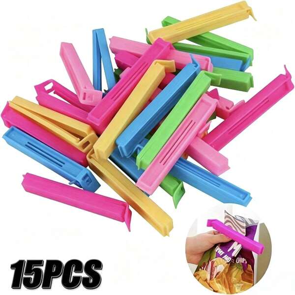 15 piezas de clips de sellado de alimentos de plástico de color aleatorio, tiras de sellado de bolsas de aperitivos reutilizables, diseño de doble ranura a prueba de humedad, clips de bolsa adecuados para granos de cocina, té, conservación de papas fritas, temporada de regreso a la escuela, herramientas pequeñas de almacenamiento en el hogar