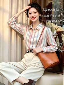 Fashionable Women's Long Sleeve Striped Shirt, Casual Polyester Button-Up Shirt, Shirt Collar, Suitable For Autumn Wear. - Baby Pink - View 12