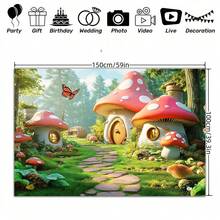 Magic Forest Fairy Tale Mushroom House Photography Backdrop, Multi-Functional Polyester Party Banner Suitable For All Seasons, Perfect For Garden And Room Decoration, No Electricity Required - Multicolor - View 1