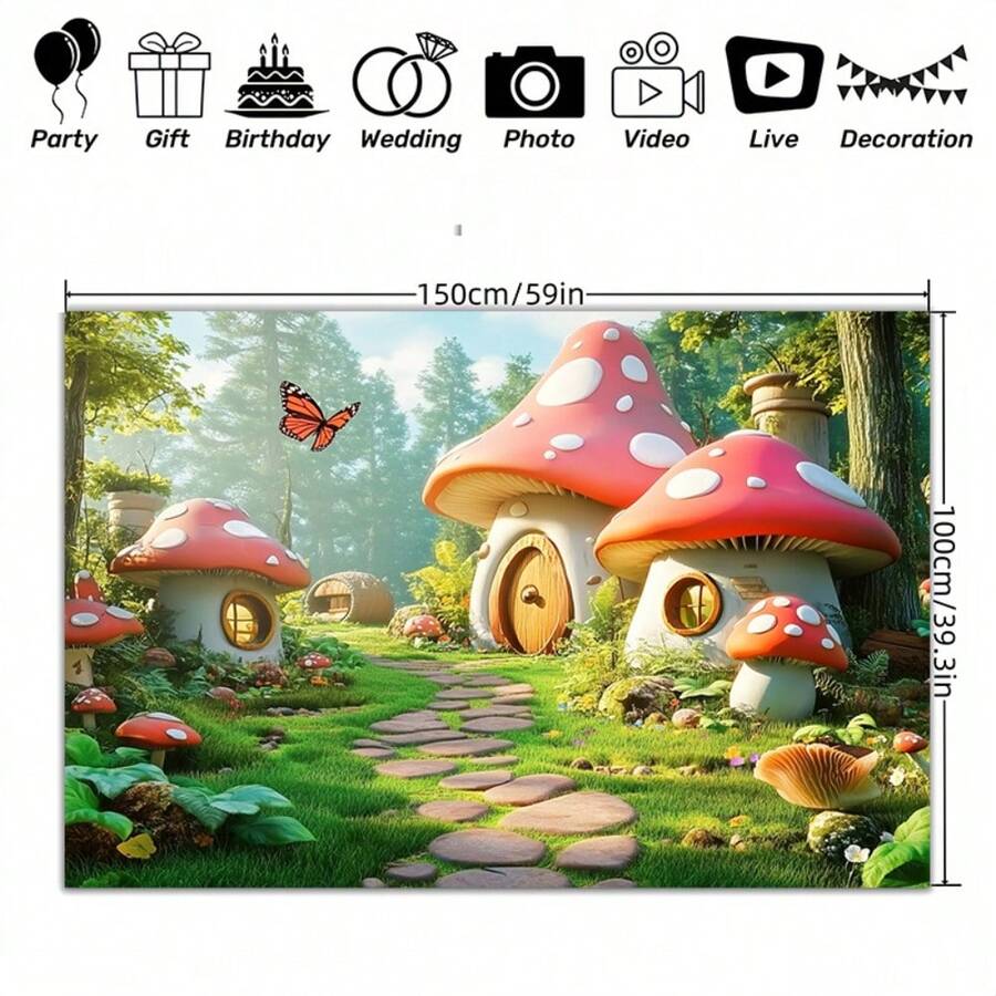Magic Forest Fairy Tale Mushroom House Photography Backdrop, Multi-Functional Polyester Party Banner Suitable For All Seasons, Perfect For Garden And Room Decoration, No Electricity Required - Multicolor - View 1