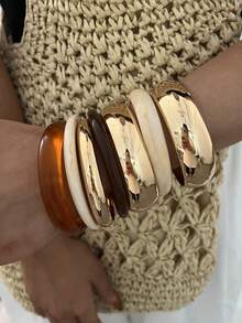 7/4/3pcs Vintage Elegant Casual Style Women's Brown Acrylic Marbled Round Bangle And Gold Metal Bracelet, Suitable For Summer Daily Wear, Party And Beach Vacation Travel - Multicolor - View 2