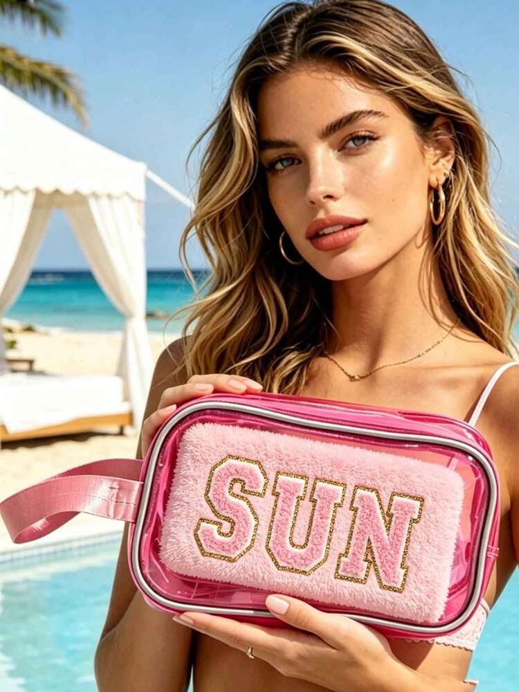 Multi-Color Waterproof Beach Bag, Large Capacity Portable Makeup Bag, Towel With Embroidered Letters And "Love" Double-Sided Print, Makeup Bag/Storage Box, Pool Bag, Transparent Toiletry Bag, Can Store Sunscreen, Snacks, Bikini And Beach Essentials. Convenient Travel Storage Bag, Suitable For Swimming, Beach, Diving And Summer Vacation, Also Ideal For Bridesmaid, Bachelorette Party Gift, Back To School, Best Summer, Summer Vacation. - Multicolor - View 6
