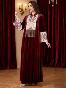 Elegant Velvet Islamic Kaftan Abaya Long Robe With Tassel Embroidery, Autumn/Winter Long Sleeve Modest Arabic Style Dress, Suitable For Weddings, Evening Parties, Ramadan - Burgundy - View 4