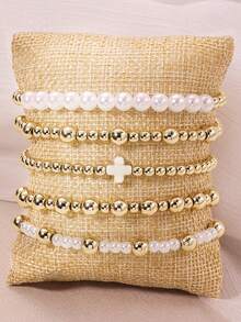 5pcs French Vintage Niche Design INS Style Cross & Faux Pearl Multi-Layer Stackable Bracelet Set For Women, Suitable For Daily Casual, Outings, Banquets, Music Festivals And Party Events - Gold - View 2