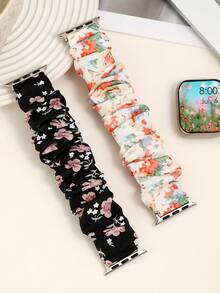 2pcs Vintage Floral Print Watch Band, Elastic Stretch Design, Compatible With Apple Watch 38/40/41/42/44/45/46/49mm, Cute Girl Must-Have Item, Aesthetic Accessory, Suitable For Shopping, Dating, Walking, Daily Commute, Compatible With All Series, Bohemian Summer Beach Vacation Style, Soft And Skin-Friendly, Women's Accessory - Multicolor - View 1