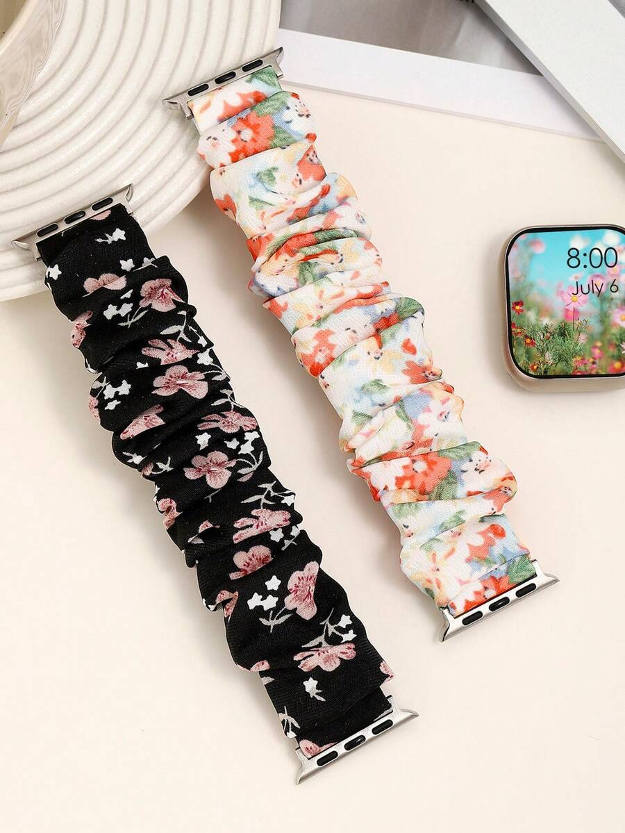 2pcs Vintage Floral Print Watch Band, Elastic Stretch Design, Compatible With Apple Watch 38/40/41/42/44/45/46/49mm, Cute Girl Must-Have Item, Aesthetic Accessory, Suitable For Shopping, Dating, Walking, Daily Commute, Compatible With All Series, Bohemian Summer Beach Vacation Style, Soft And Skin-Friendly, Women's Accessory - Multicolor - View 1