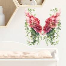 Bohemian Floral Green Plant Pink Angel Wings Wall Sticker, Vintage Watercolor Feather Vine Wall Sticker, Self-Adhesive Art Wallpaper Suitable For Bedroom/Living Room/Door/Sofa Background/Living Room Background Photo Booth Decoration, Christmas/Holiday Party Atmosphere Decor - Wall Sticker - View 7