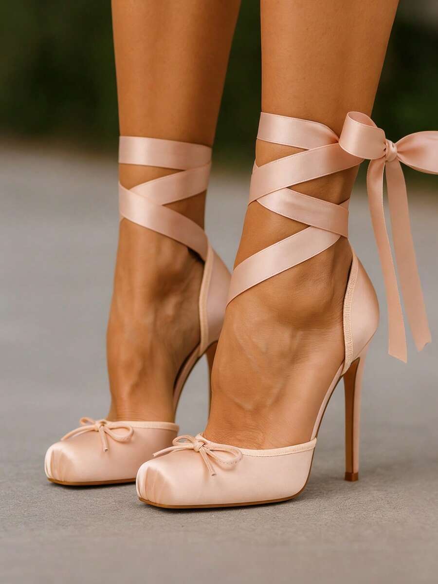Stain Ballet Heels Women Stiletto Pumps Closed Square Toe Bow Ballerina Lace Up Strappy Valentine's Day Elegant Party Shoes - 杏色 - 查看 1