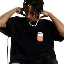 Casual Streetwear Style, Men's T-Shirt, Cat Pocket Print, Summer Daily Wear, Cotton, Graphic Tee. - Black - View 2