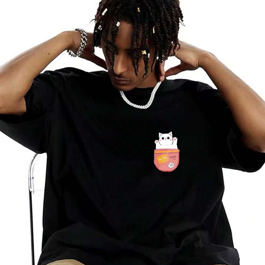Casual Streetwear Style, Men's T-Shirt, Cat Pocket Print, Summer Daily Wear, Cotton, Graphic Tee.