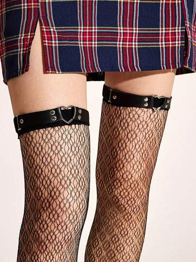 2pcs Black Elastic Heart Leg Rings Silver Hollow Heart Studs PU Adjustable Leg Straps Y2K Punk Sexy Leg Accessories