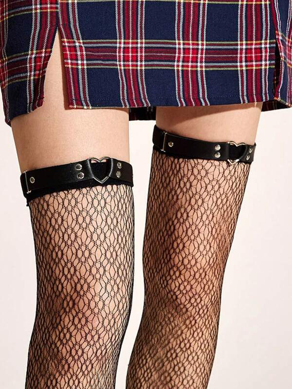 2 pezzi anelli elastici neri a forma di cuore per gambe, borchie a cuore cavo argento, cinturini regolabili in PU, accessori sexy per gambe stile Y2K punk