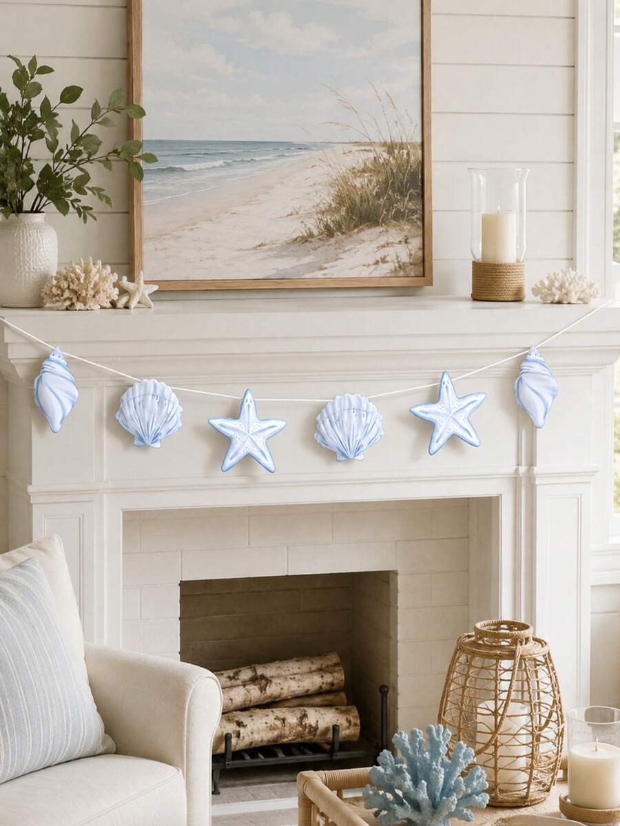 1pc Ocean Theme Party Decoration Banner Garland, Summer Beach Style Blue & White Shell Wall Banner, Nordic Style Ocean Theme Wall Decor, Seaside Vacation Home Decor Marine Life Ornament