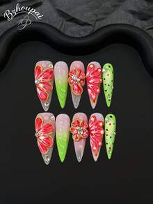 LIVENTO 10pcs/Set Summer Flower Long Pointed Press On Nails, Pink Jelly Green Ombre Handmade Press On Nails With Sparkle Rhinestone Decor, Fake Nails For Women. - A-003 - 查看 8