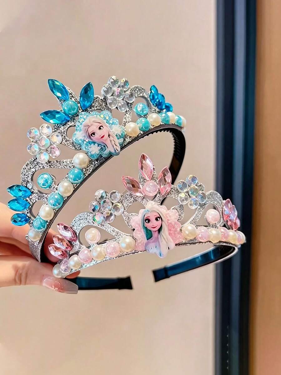 1pc Disney Frozen Elsa Crown Hairband, Blue Rhinestone & Pearl Headband, Spring/Summer Performance Costume Photography Prop - Multiple Styles - View 1