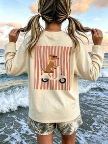 Girls Cute Dachshund Scooter Back Print Long Sleeve Tee, Retro Stripe Casual Fall Top - Apricot - View 7