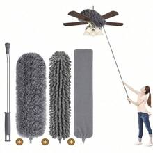 2/4pcs Ultra Soft Microfiber Dusting Cleaning Set With Extendable Pole, Flexible Duster, Suitable For Ceiling Fans, High Ceilings, Blinds, Furniture, Air Conditioners, Car Surfaces, Ideal For Kitchen, Bathroom, Home Cleaning - Grey - View 1